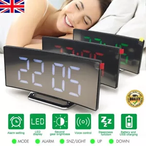 LED Curved Digital Alarm Clock USB Temperature Mirror Display Snooze Bedside - Picture 1 of 23