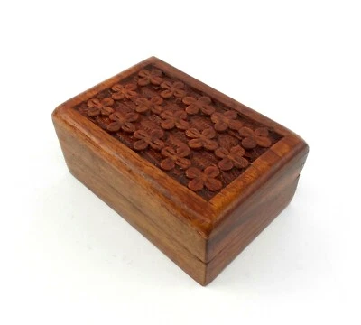 Small Wood Jewelry Box Carved Floral Design Keepsake Trinket Box F - Image 1 of 4