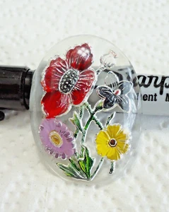 Vintage Reverse Painted Glass Cabochon 1 5/8" x 1 1/8" FLOWERS - Picture 1 of 6