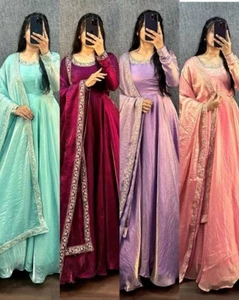 Fully Stitched Space Silk Indian Traditional Anarkali Gown with Dupatta - Picture 1 of 9