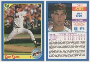 ANDY BENES 1990 SCORE # 578 - SAN DIEGO PADRES PITCHER - # 1 DRAFT PICK/ALL-STAR