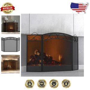 Foldable Wrought Iron Fireplace Screen with Handles - 51"L x 31"H Spark Guard - Picture 1 of 11