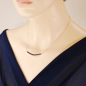 Lovely NATURAL Black Spinel Bar Necklace Dainty 14k Gold Filled 16" - Picture 1 of 3