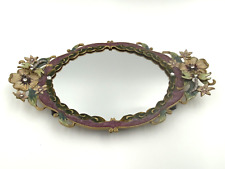 Vintage Mirrored Enamel Vanity Tray Flowers & Dragonflies Footed 11" Oval EUC