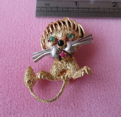 14K Solid Gold Little Lion Kitty Cat Brooch Pin W/Multi Color Gemstone 13.63 G - Image 1 of 4