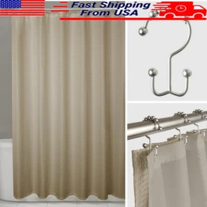 14-Piece Shower Set Fabric Curtain Liner Easy-Glide Hooks Waffle Weave Design US - Picture 1 of 7