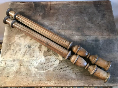 Anciennes colonnes balustres en bois tourné noyer art populaire french antique - Photo 1/4