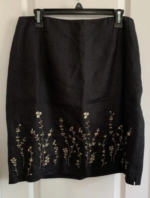 Falda Lápiz Rafaella Mujer Negra Bordada Talla 14 100% Lino Forrada Carrera Foto 1 de 4