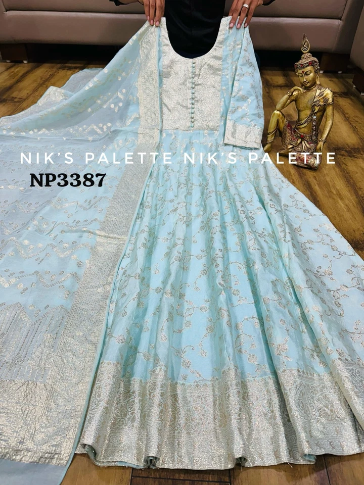 Premium Banarsi jacquard gown with self weaving all over with work on yoke paire - Image 1 of 4