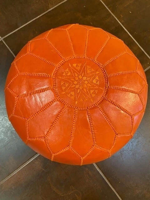 MOROCCAN HANDMADE ORANGE REAL LEATHER POUFFE OTTOMAN W50xH30CM FREE DELIVERY - Image 1 of 1