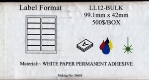 99.1 x 42mm Self Adhesive Sticky Labels - 500 Sheets - 12 Per A4 Sheet LL12-BULK - Picture 1 of 1