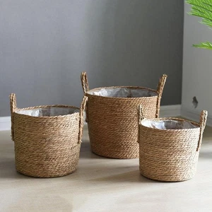 Nordic Handmade Straw Woven Flower Pot Planter Basket Laundry Storage Potted - Picture 1 of 25