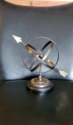 Reloj de sol armilar de bronce con base de madera 9 × 6,5 pulgadas Foto 1 de 4