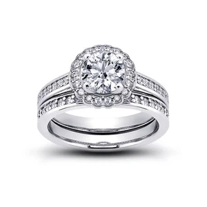 Anillo Halo 14k Diamantes Naturales Redondos 0.98ct E/VS2 Certificado con Banda a Juego - Imagen 1 de 4
