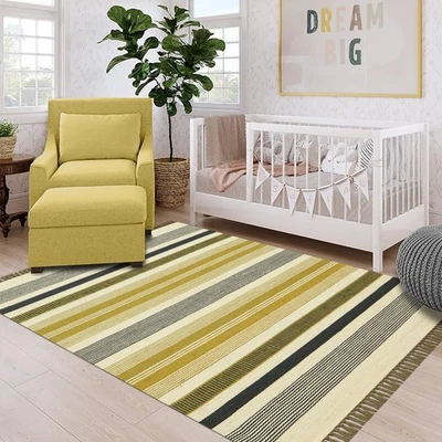 Hand Woven Striped Tribal Bohemian Area Rugs Wool Jute Kilim Dhurrie 5x8 ft - Image 1 of 4