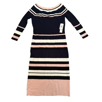 ELIZA J | Pink/Navy Striped Off-The-Shoulder Rib Knit Midi Dress size Medium NEW - Image 1 of 4