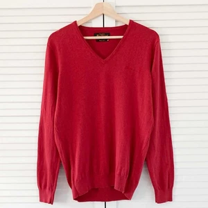 Ben Sherman Jumper Size Medium Red Cotton Knit V-Neck Sweater Pullover - Picture 1 of 20