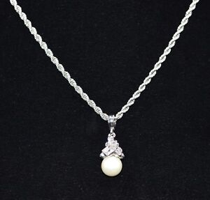 Signed Givenchy Faux Pearl Crystal Pendant Silver Rope Necklace Adjustable