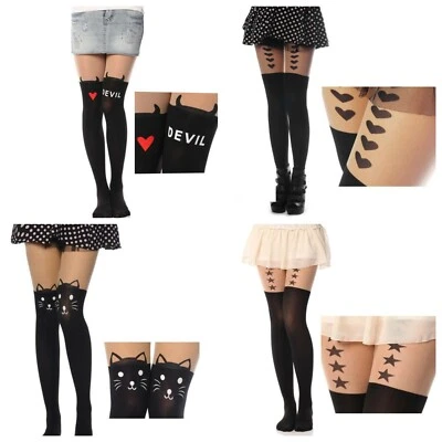 Fun Whimsical Hosiery Boot Look Pantyhose, With Stars, Hearts, Devil Or Cat - Image 1 of 4
