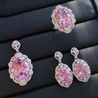 3pc Set Luxury Big Oval Pink Topaz Gems Silver Charm Women Necklace Earring Ring - Image 1 of 4