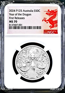 2024 Lunar Year of the Dragon Australia .9999 Silver NGC MS70 1/2oz Coin "P125" - Picture 1 of 2