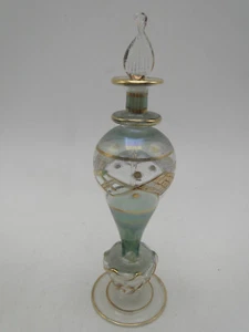 Vintage 6¼in Hand Blown Art Glass Perfume Bottle Green & Clear Gold Trimmed - Picture 1 of 4