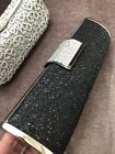 Brand New Black And Silver Sequinned Rhinestone Clutch Evening Bag With Chain