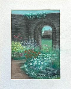 1999 Pastel Flower Garden Courtyard Stone Wall Gothic Archway Cottage - Picture 1 of 4
