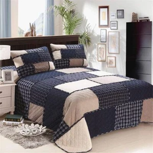 BEDSPREADS QUILT MEN BLACK COMFORTER BEDSPREAD SET CHECKERED PLAID QUILT MEN'S B - Picture 1 of 6