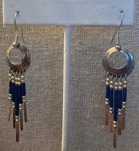 QT Signed STERLING SILVER Blue Stone Dangle Earrings Etched 2” Native American - Picture 1 of 7