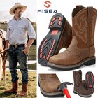 HISEA NINGO Men Steel Toe Work Boots Waterproof Square Toe Leather Western Boot