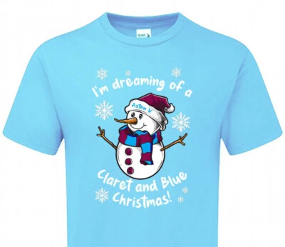 MATCH DAY EXPERIENCE ONLINE Kinder Aston V. Claret & Blue Snowman Weihnachten Tshirt Fanmade Merchandise