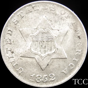 1852 THREE CENT SILVER TRIME ~ LUSTROUS ORIGINAL 3c COIN ~ FREE SHIPPING ~ TCC - Picture 1 of 12