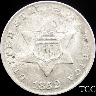 1852 THREE CENT SILVER TRIME ~ LUSTROUS ORIGINAL 3c COIN ~ FREE SHIPPING ~ TCC - Image 1 of 4