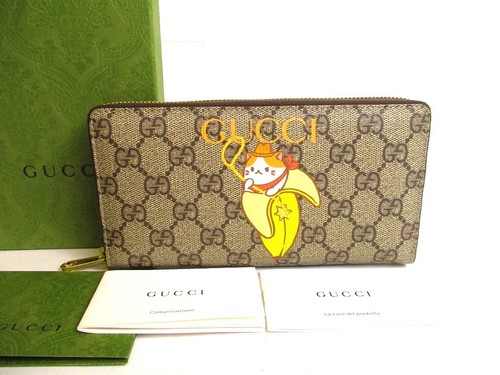 Portafoglio originale GUCCI GG rivestimento tela PVC pelle motivo banana cerniera rotonda #9975