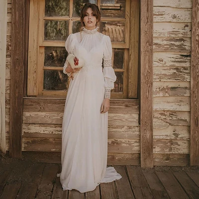 Elegant A-Line Wedding Dresses High Neck Long Sleeves Lace Applique Bridal Gowns - Image 1 of 4