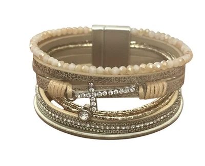 Magnetic Bracelet -6 strands- CROSS- crystals  beads- silver  beige-faux leather - Image 1 of 4