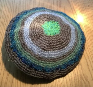 Hand Crocheted adult Woollen Beret In Green Blue & Grey - Picture 1 of 1