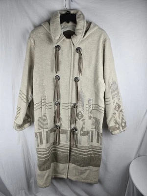 Woolrich Hooded Cream & Brown Wool Mohair Blend Western Trench Coat Blanket Sz L - Image 1 of 4