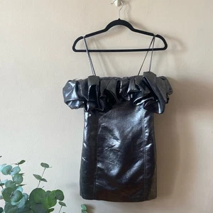 New Zara Voluminous Short Mini Dress Ruffles Metallic Silver Grey Medium Party - Picture 1 of 7