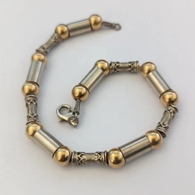 Vintage Silver Gold Bead Bracelet Ethnic Folk Tube 925 10K Men's Women Boho Gift - Image 1 of 4