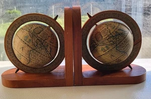 Vintage Old World Wooden Rotating Globe Bookends Hong Kong 5.5" x 5.25"  - Picture 1 of 13