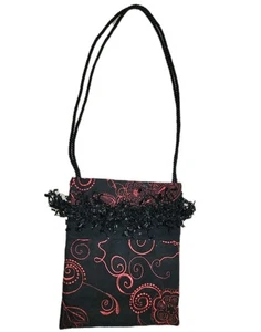 Handmade Black & Red Embroidered Shoulder Bag with Fringe Trim – Boho 8"x10" - Picture 1 of 12