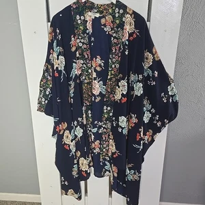Umgee Kimono Open Front Cardigan Duster Oversized S/M blau Blumen Boho Festival - Bild 1 von 6