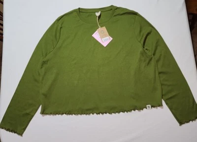 Top corto de algodón manga larga con dobladillo de lechuga Lucy & Yak Hansel - verde pesto 3XL Foto 1 de 4