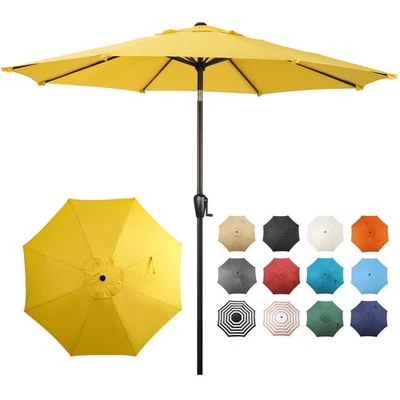 Paraguas de patio redondo Sun-Ray 9' con sistema de elevación de manivela y inclinación de botón azul marino Foto 1 de 4