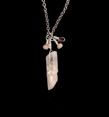 天然玫瑰石英宝石项链不锈钢 11.5 英寸手工制作 NIA 出品 — 第 1/4 张图片