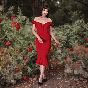 Collectif London Vintage Off Shoulder Midi Dress Bodycon Wiggle Pinup Style XS - Picture 1 of 5