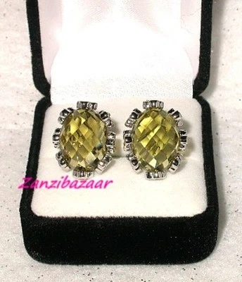 14K WHITE GOLD 21.94CT LEMON QUARTZ & PERIDOT OMEGA EARRINGS - Image 1 of 4