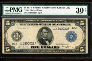 Fr.881 1914 $5 KANSAS CITY "BURKE-GLASS" PMG VERY FINE 30 SUPER RARE COLLECTIBLE - Picture 1 of 2